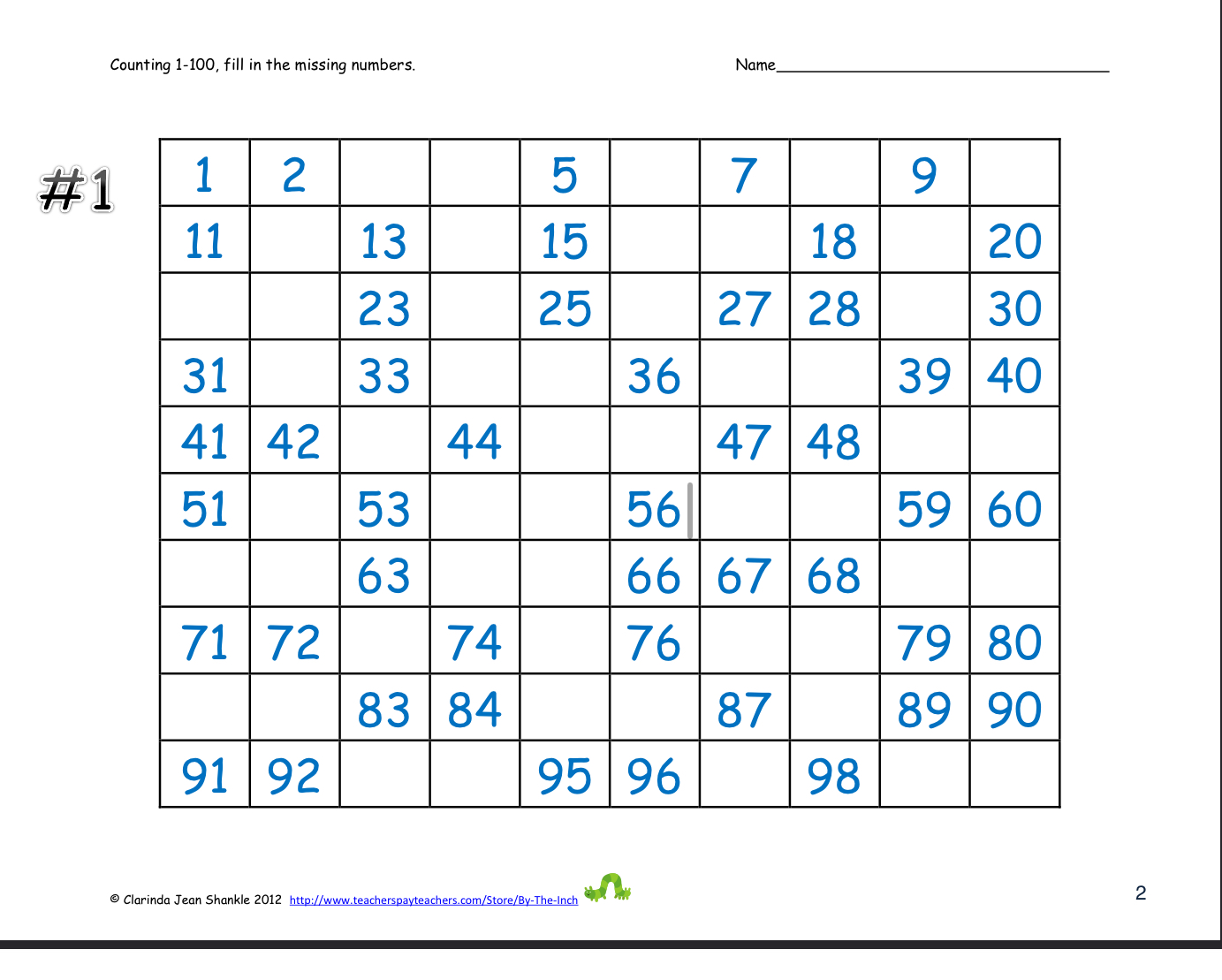 Counting 1-100, fill in the missing numbers.